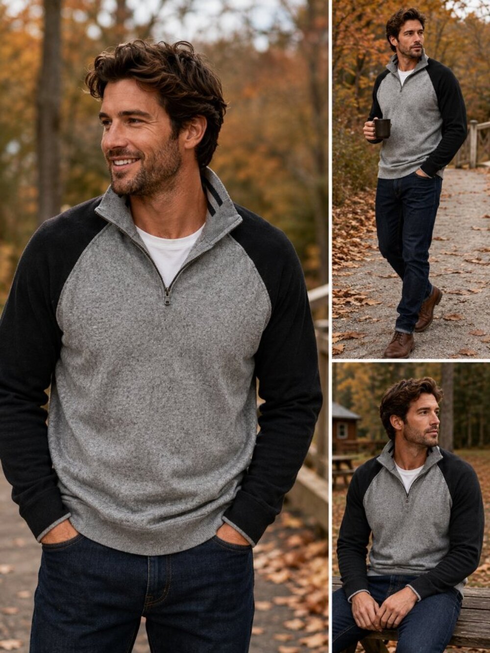 Banana Republic Cotton Cashmere Quarter Zip Sweater Gray Black Men's M